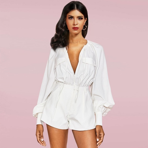 Rumor Apparel Pants - White Long Sleeve V Neck Romper #1469